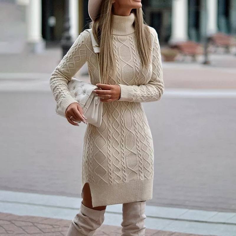 Turtleneck Knitted Slit Dress