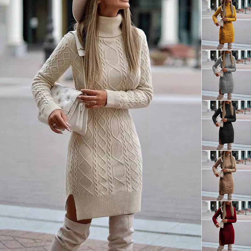 Turtleneck Knitted Slit Dress