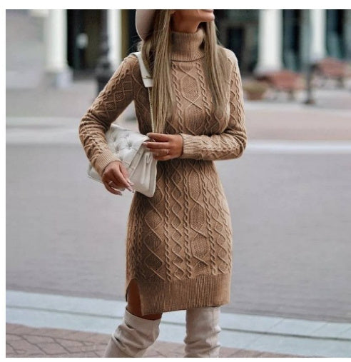 Turtleneck Knitted Slit Dress